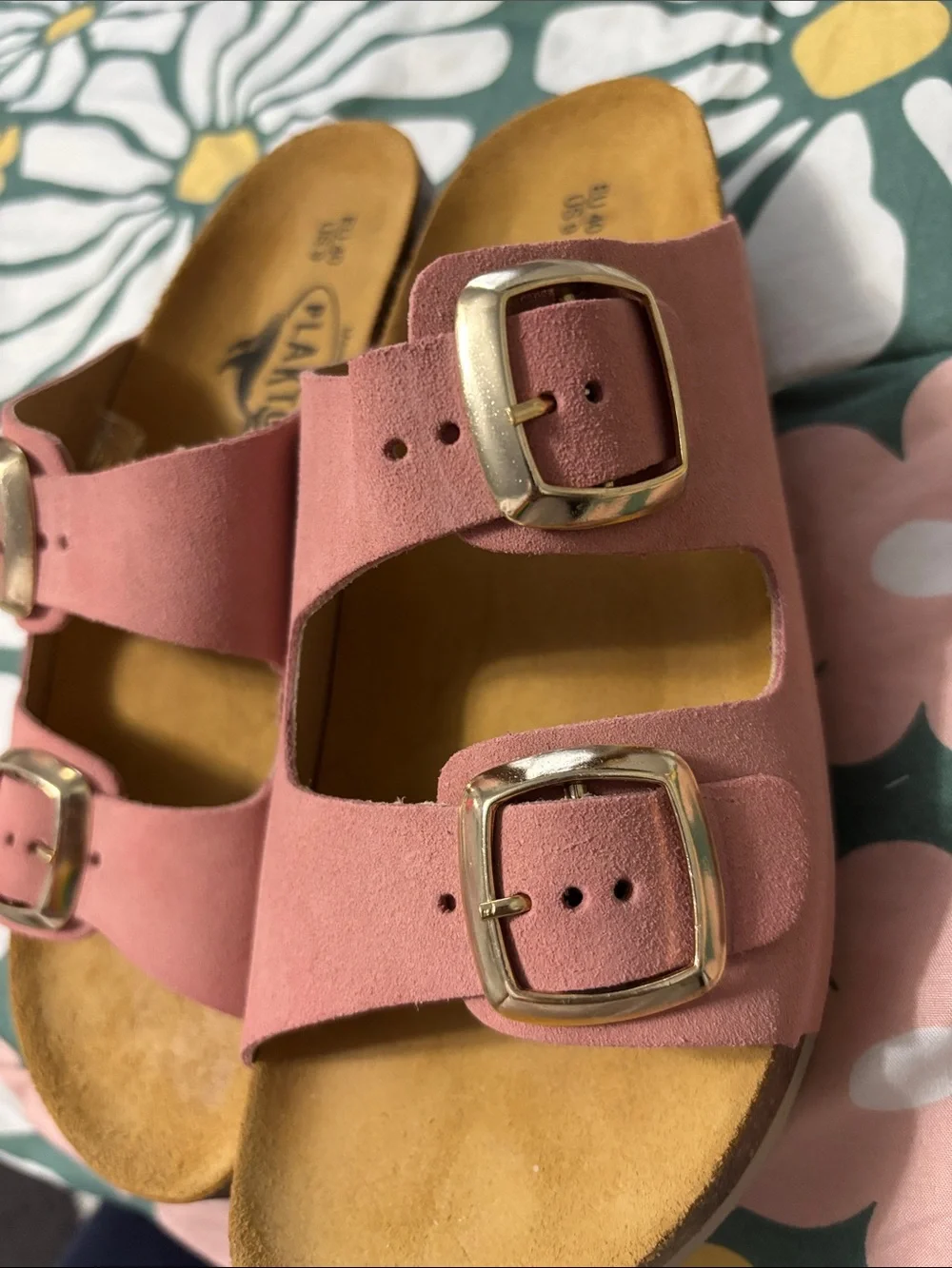 Plakton Pink Suede Double-Buckle Slide Sandals